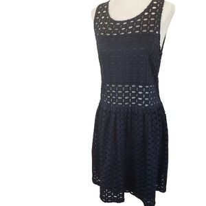 Vero Moda Women Coastal Preppy Chic Eyelet Sleeveless Dress L Navy Fit & Flare